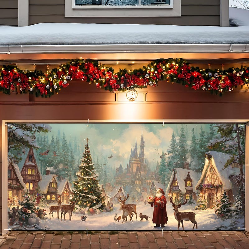 ANNA QUEEN Christmas Village Scene Garage Door Decorations 6x13FT, Santa with Reindeer Winter Town Backdrop, Outdoor Holiday Banner, Garage door Mural for Xmas Party Home Decor - Image 1
